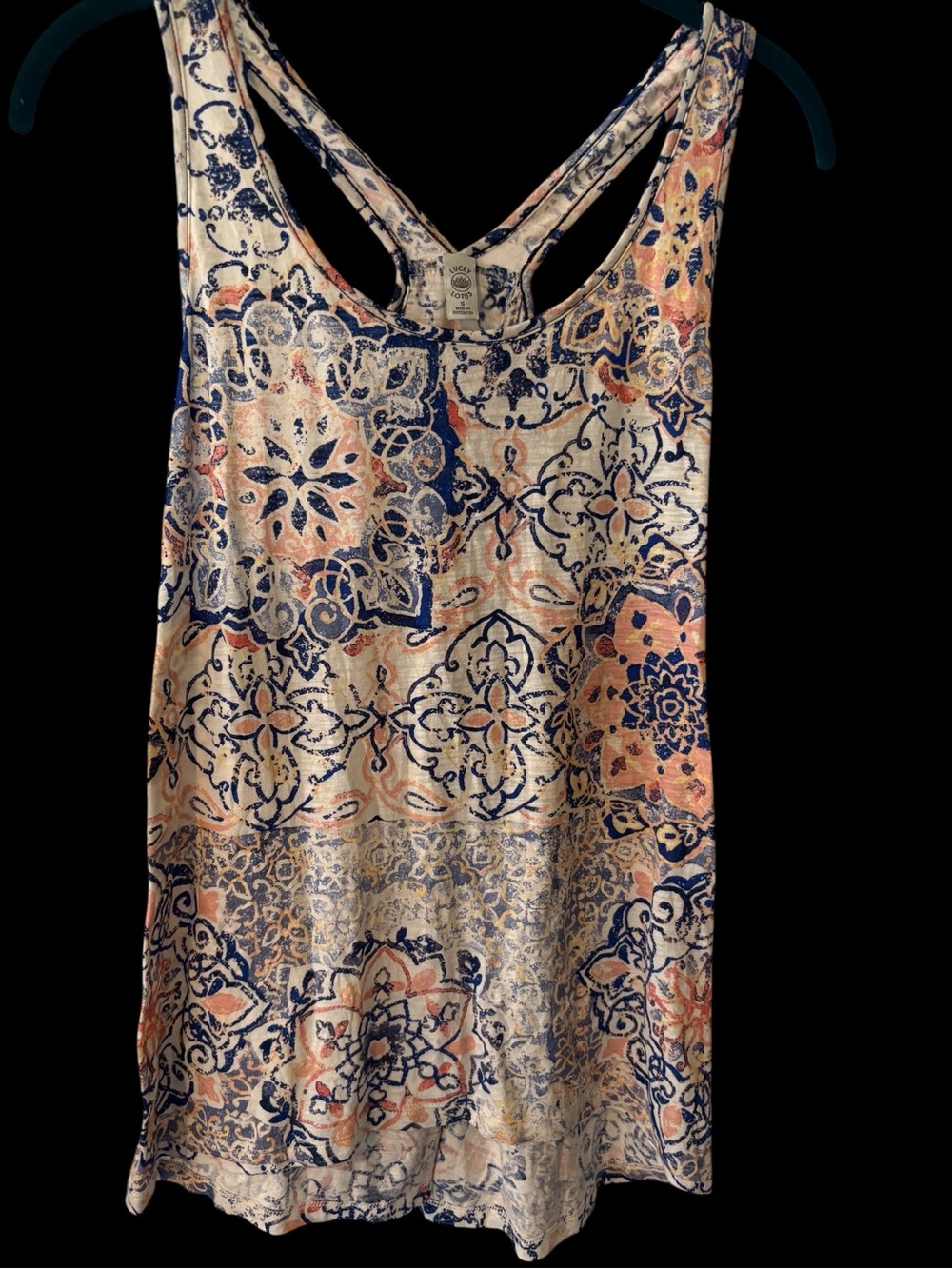 Lucky Lotus (Lucky Brand) Printed Racerback Tank — Navy, Peach & Cream